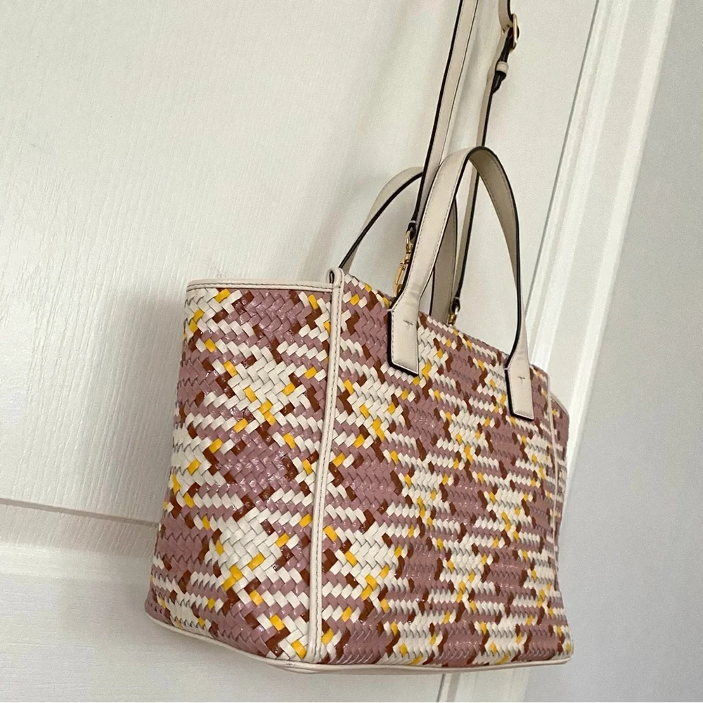 $595 Tory Burch Thea Woven Cream Pink Leather Tassels Crossbody Satchel Bag